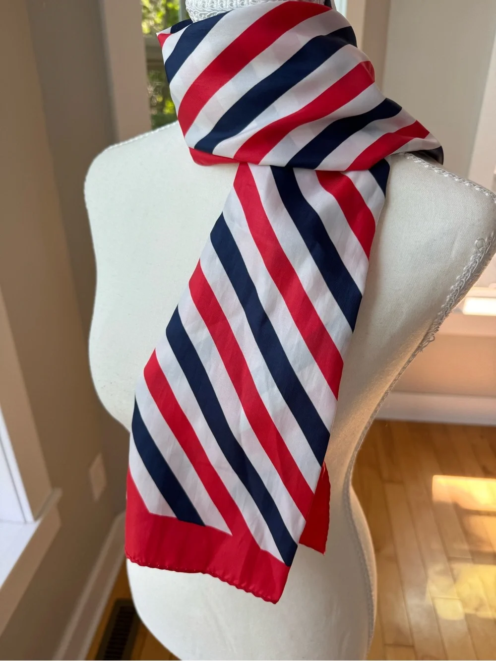 Vintage Red, Navy & White Striped Silk-Feel Rectangular Neck Scarf